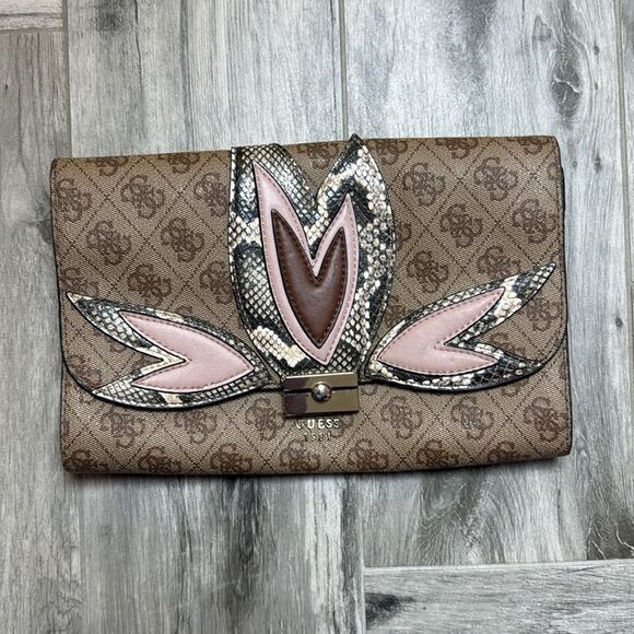 GUESS Jaden Tan and Pink Patterned Clutch - Picture 1 of 6